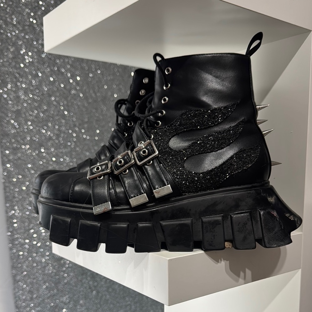 Dolls Kill Black Combat Moto Boots with Buckle Straps